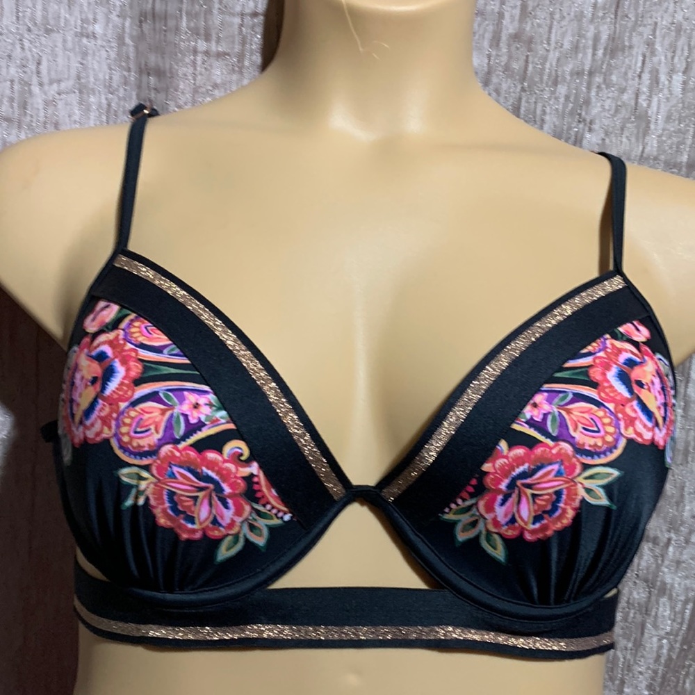 Time and Tru Swim Top Bra L 12/14 Black Purple Orange Floral Swimwear
